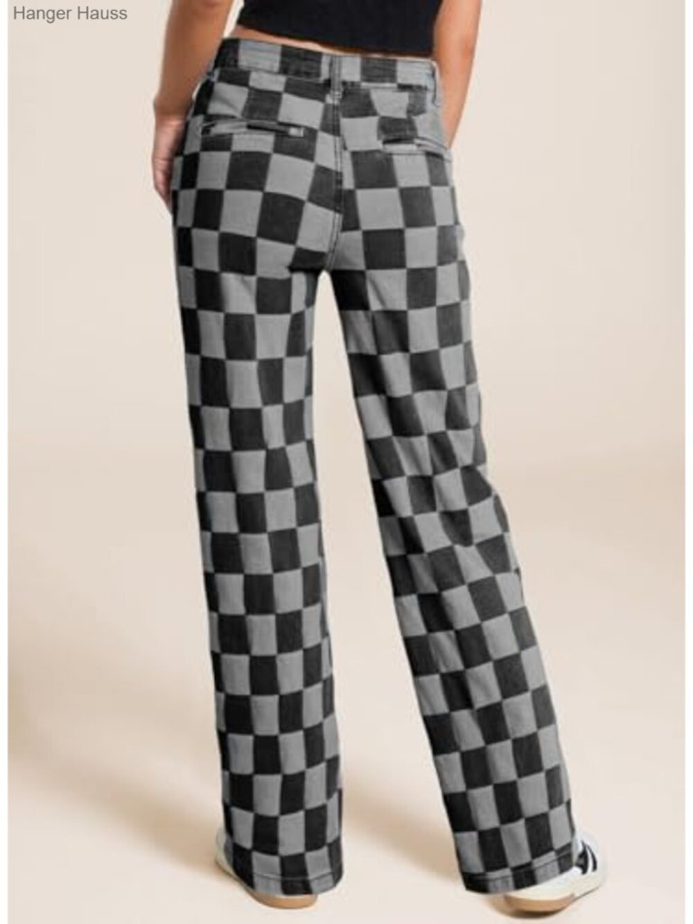High Waisted Wide Leg Checkered Denim Jeans Stretch Straight Leg Pants - Picture 2 of 6